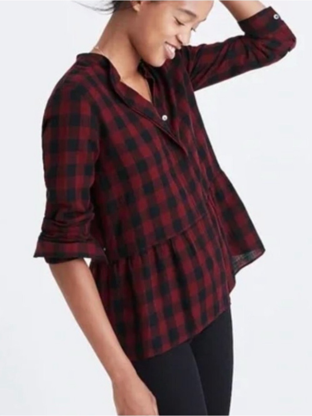 Madewell Burgundy and Black Plaid Peplum Button-Down Shirt cotton/linen blend